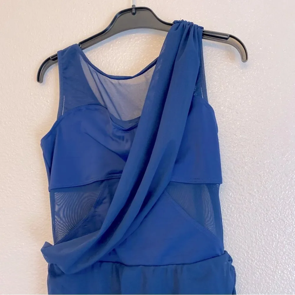 WEISSMAN Balera Dance navy blue Costume Asymmetrical Mesh Drape Dress D11450 MA